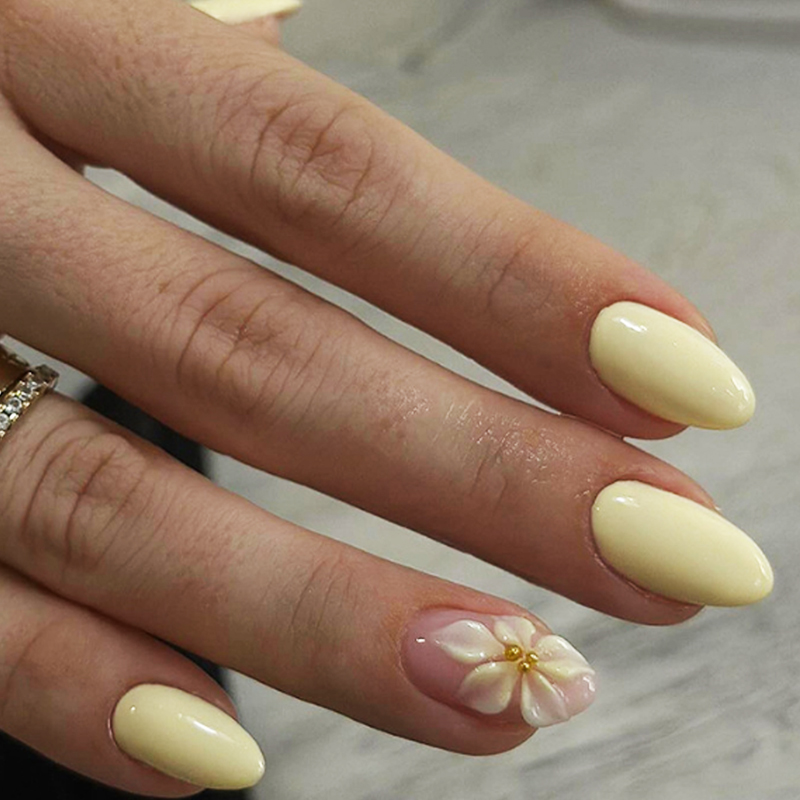 Pressed Flower Art - 24PCS Yellow Almond Press On Nails