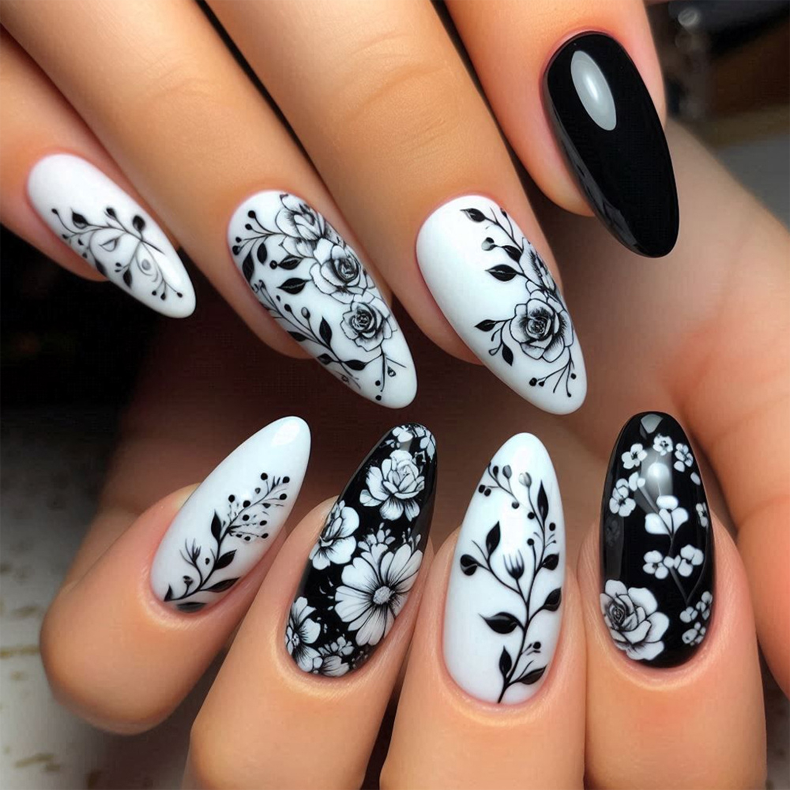 24Pcs Almond Fake Nails Black/ - Pressed Flower Art のレビューと価格