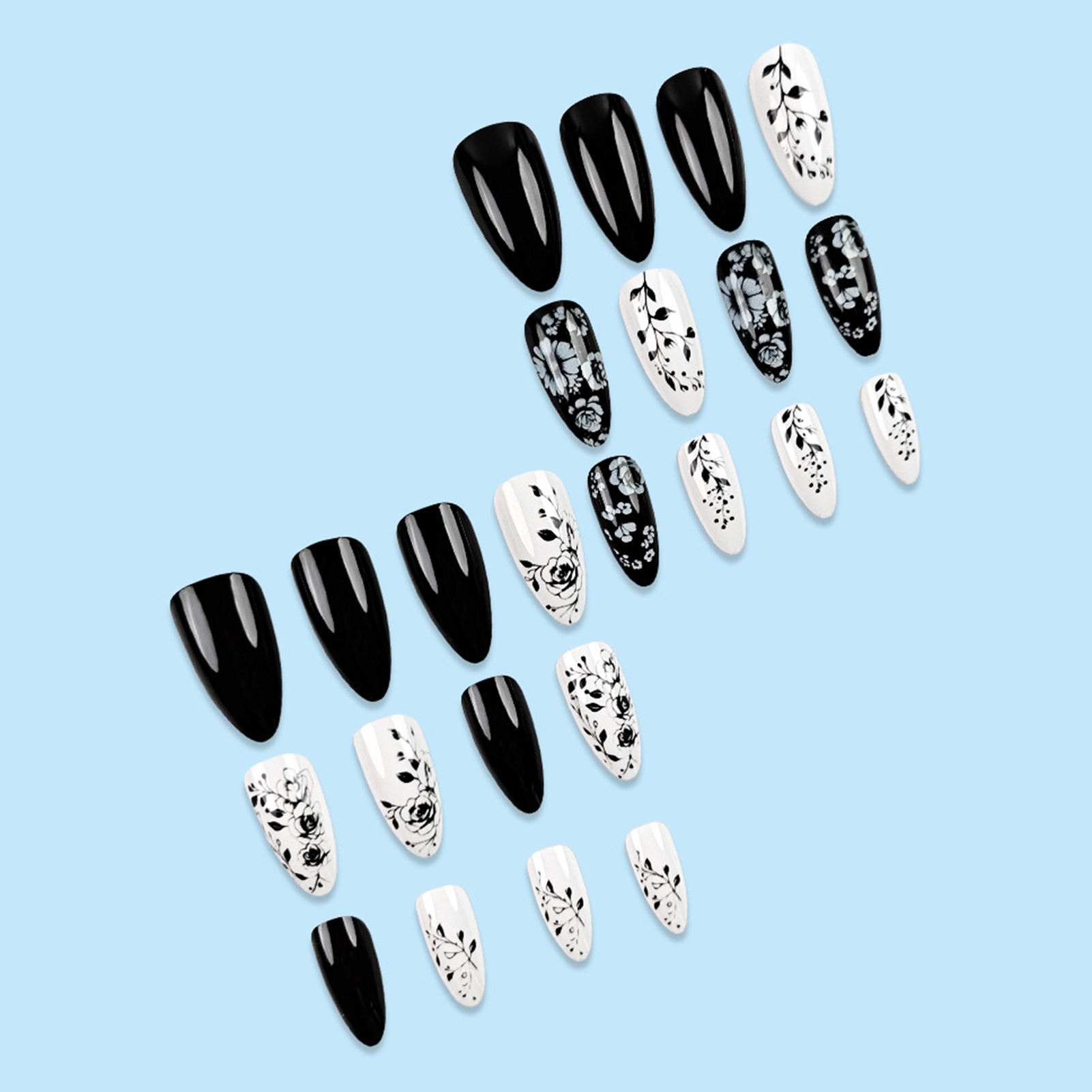 24Pcs Almond Fake Nails Black/ - Pressed Flower Art のレビューと価格