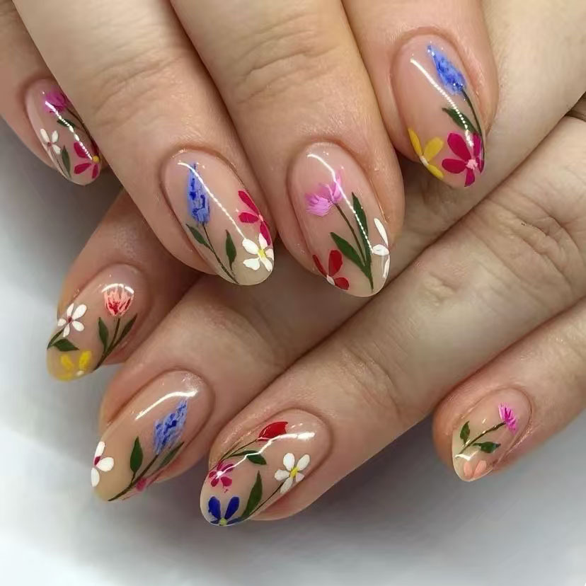 24Pcs Simple Almond Nails Tips - Pressed Flower Art のレビューと価格