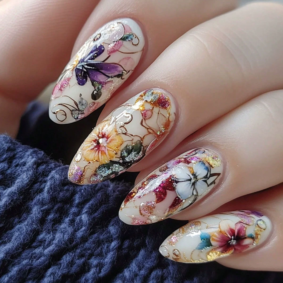 24Pcs Simple Almond Nails Tips - Pressed Flower Art のレビューと価格