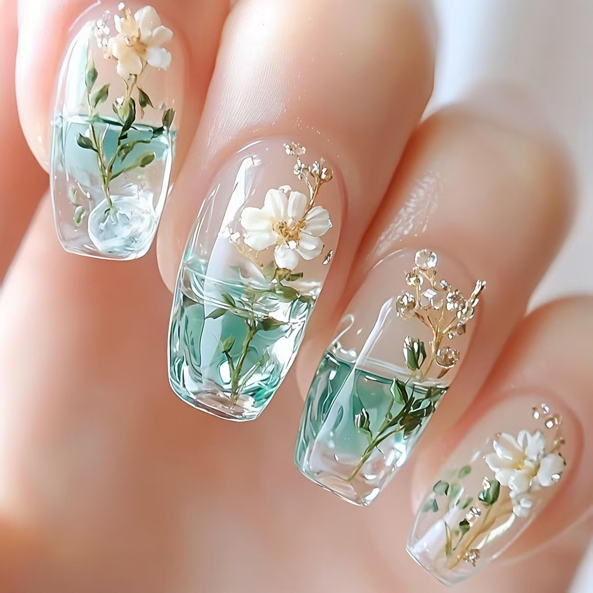 Medium fake nails for women gi - Pressed Flower Art のレビューと価格