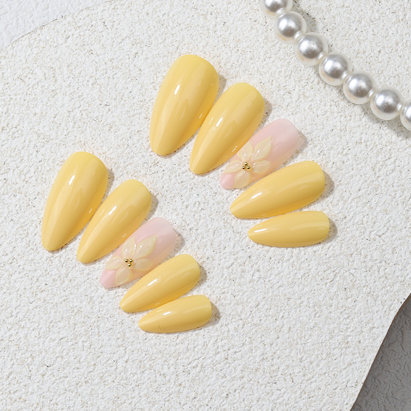 24PCS Yellow Almond Press On N - Pressed Flower Art のレビューと価格