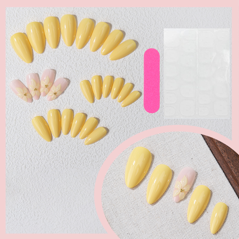 24PCS Yellow Almond Press On N - Pressed Flower Art のレビューと価格