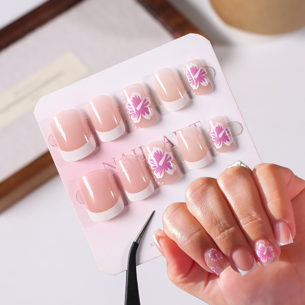 24Pcs French Flower False Nail - Pressed Flower Art のレビューと価格